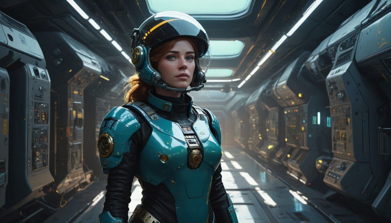 Steampunk Eagle and Armored Woman in Space Station