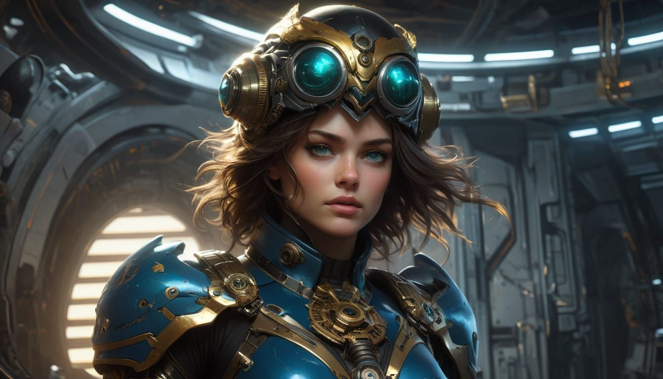 Sci-Fi Woman in Space Station with Steampunk Eagle