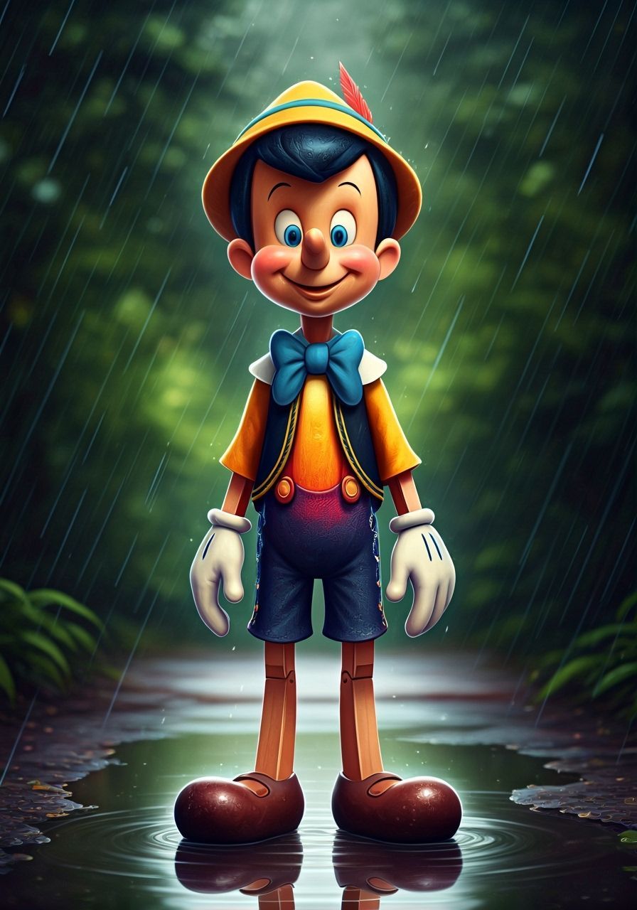 Pinocchio Standing in a Puddle Under Heavy Rain