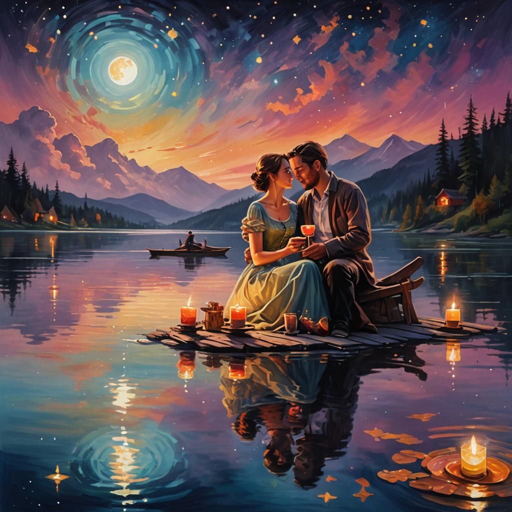 Romantic Lake Dinner Under the Stars: Oil Painting