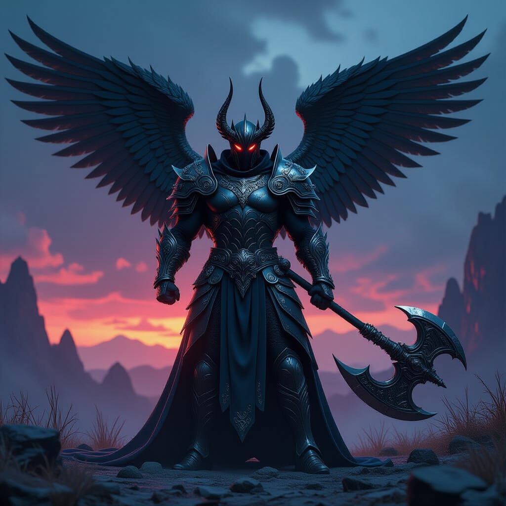 Fallen Angel With Axe In Dark Celestial Armor