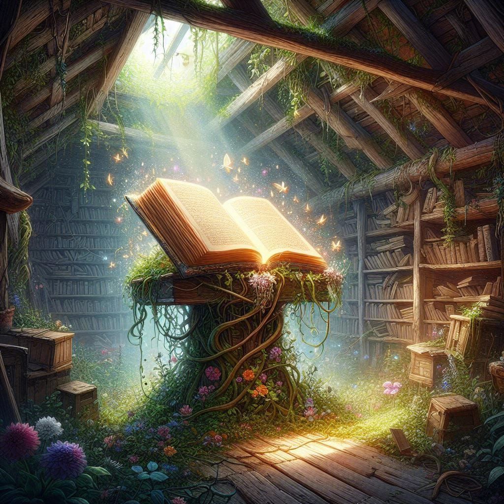 Magic Glowing Book in Overgrown Attic, Watercolor Art