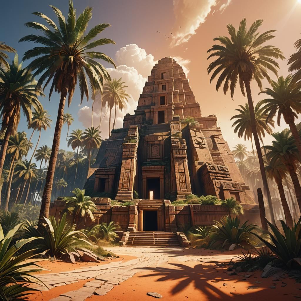 Mayan Temple Encircled by Palm Trees in Desert Landscape