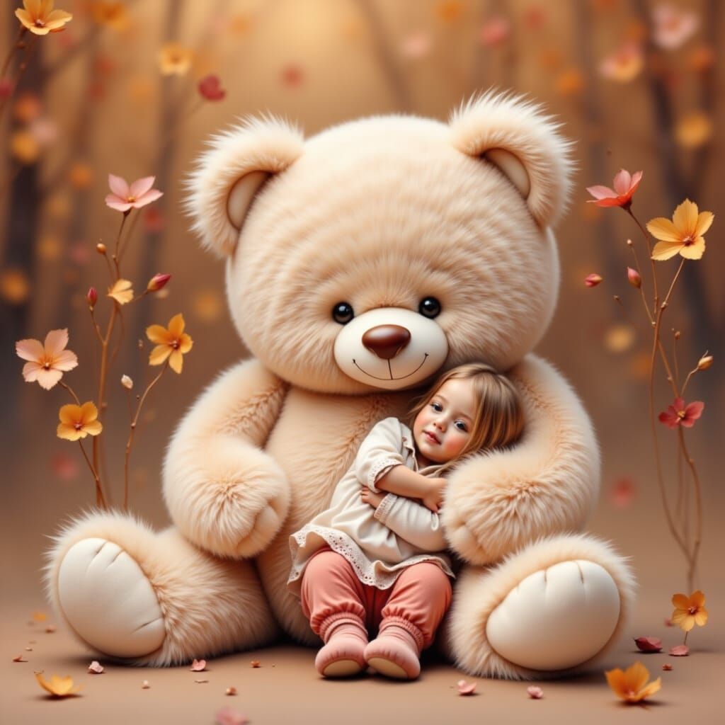 Cute Fluffy Teddy Bear Cuddles Child in Soft Style