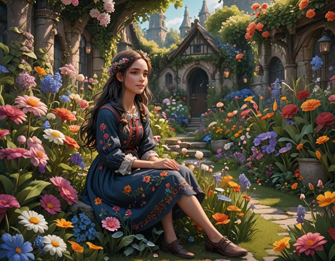 Girl in Flower Garden, Detailed Matte Painting