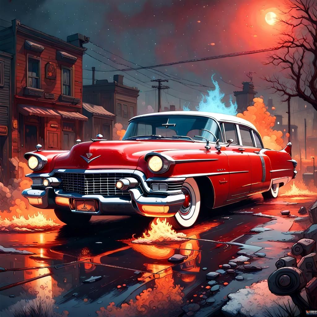 Fiery Ghost Car: Patchwork Cadillac in the Night
