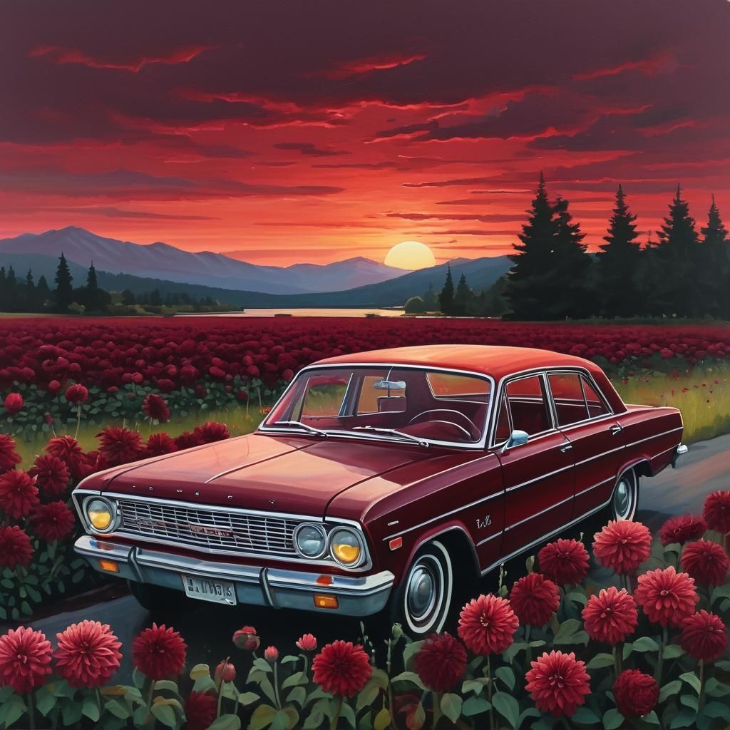 Maroon Car and Dahlias at Sunset: Gouache Painting