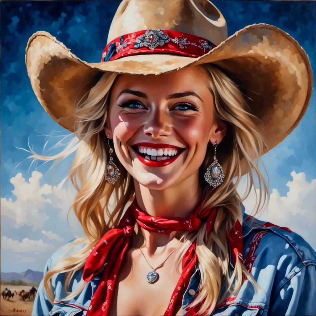 Laughing Blond Cowgirl: Maximalist Oil Portrait