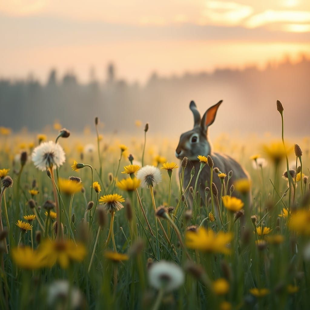 Surreal Hare in a Serene Field of Dandelions