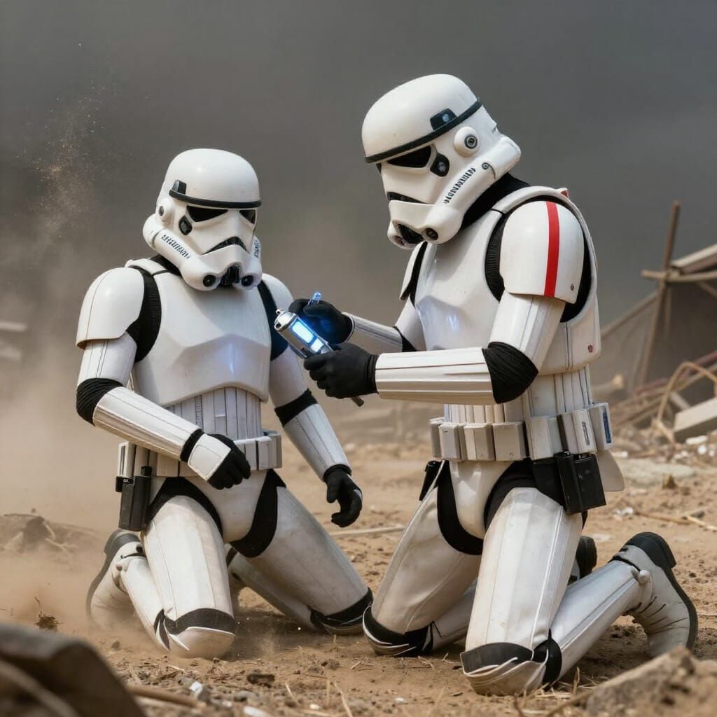 Medical Trooper Aids Injured Stormtrooper in War-Torn Landsc...