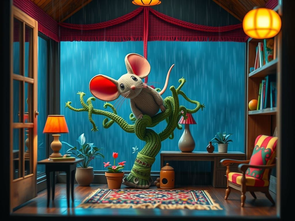 Macrame Mouse in a Surreal Wonderland Interior