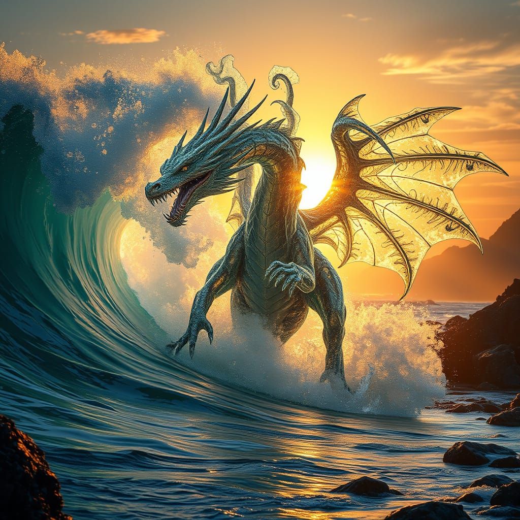 Seawater Dragon Emerges from Wave in Hyperrealistic Style