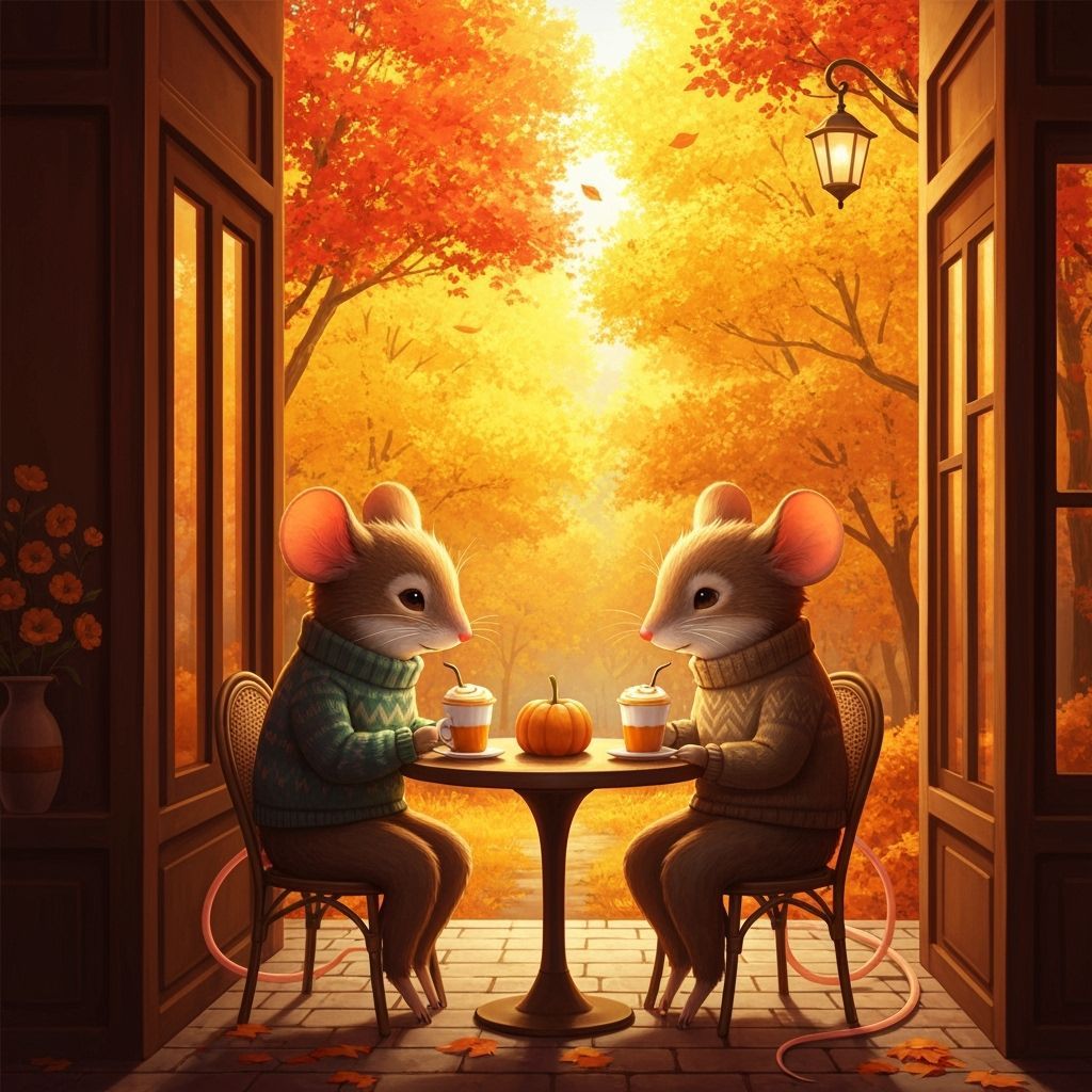 Mice Autumn Cafe Scene in Illustrative Style