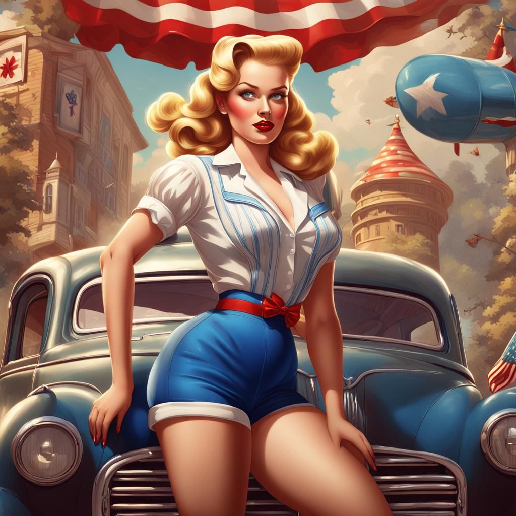 Voluptuous Blonde Pinup in 1940s Illustration Style