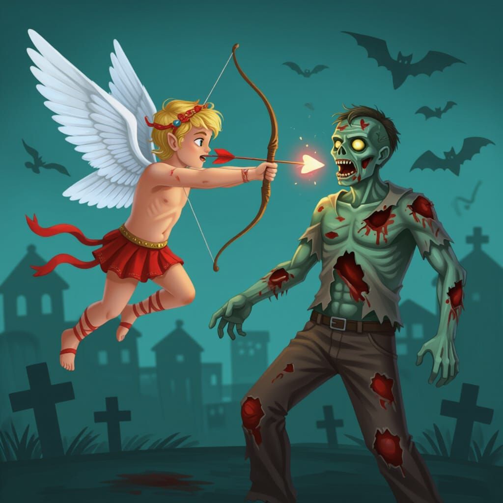 Cupid Shoots Love Arrow at Zombie