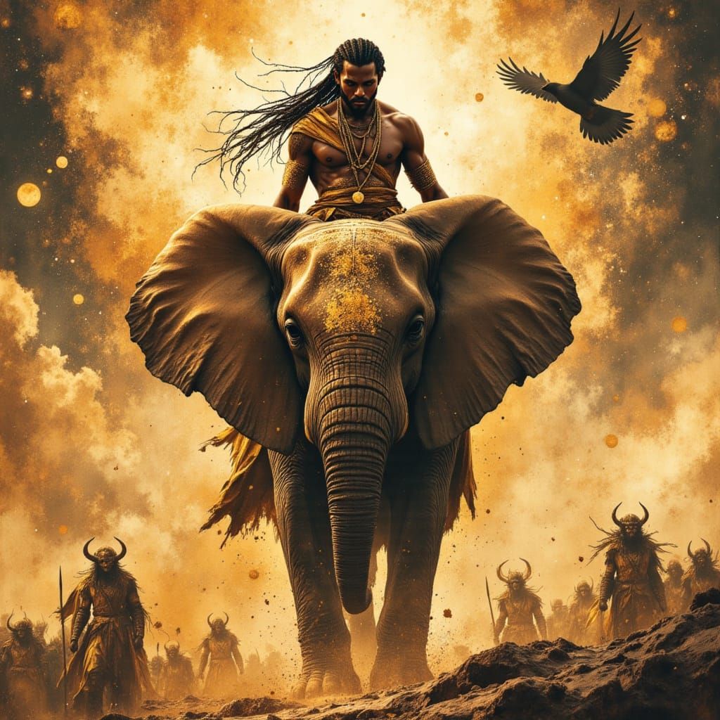 African Warrior God Rides Elephant in Mythic Battle