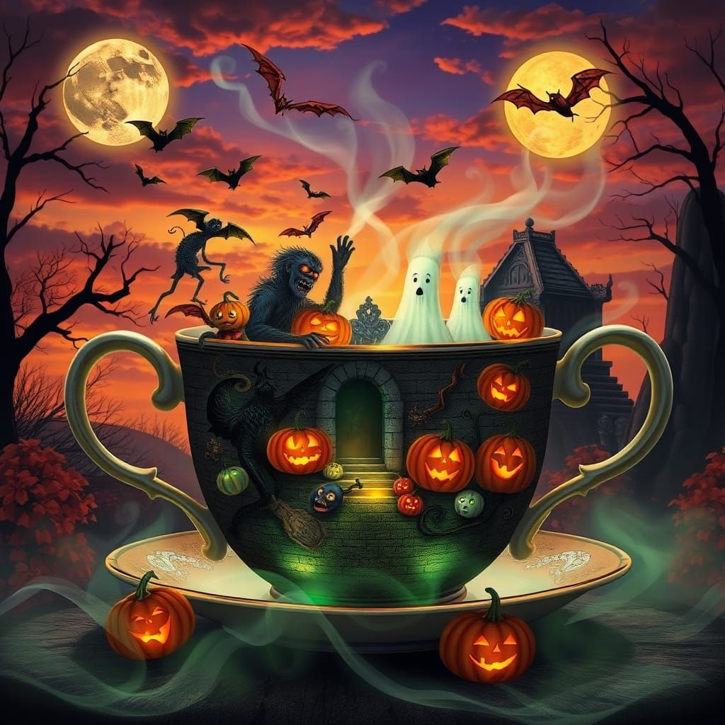 Halloween Teacup Scene: Eerie Autumn Magic