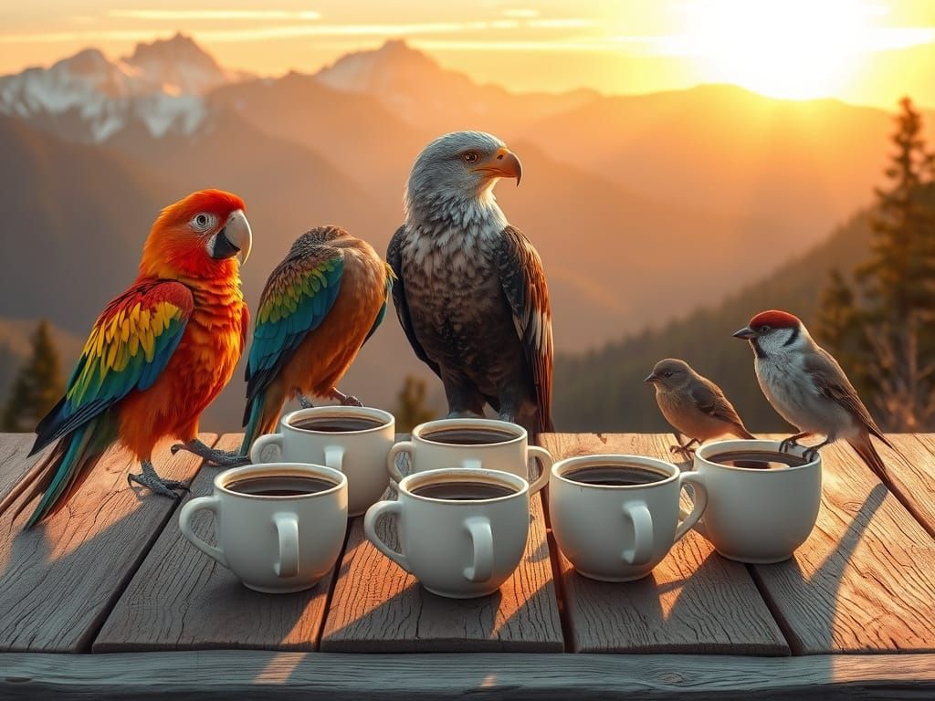 Birds at Sunrise on Rustic Table