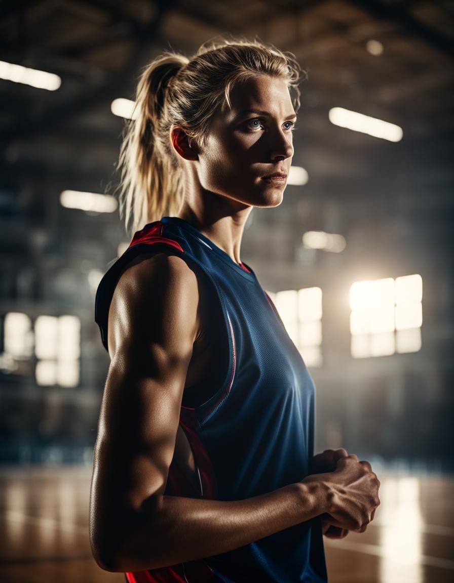 Portrait of a beautiful blonde white woman basketball player backlit in a gym with bokeh blur. The scene is photo-realis...