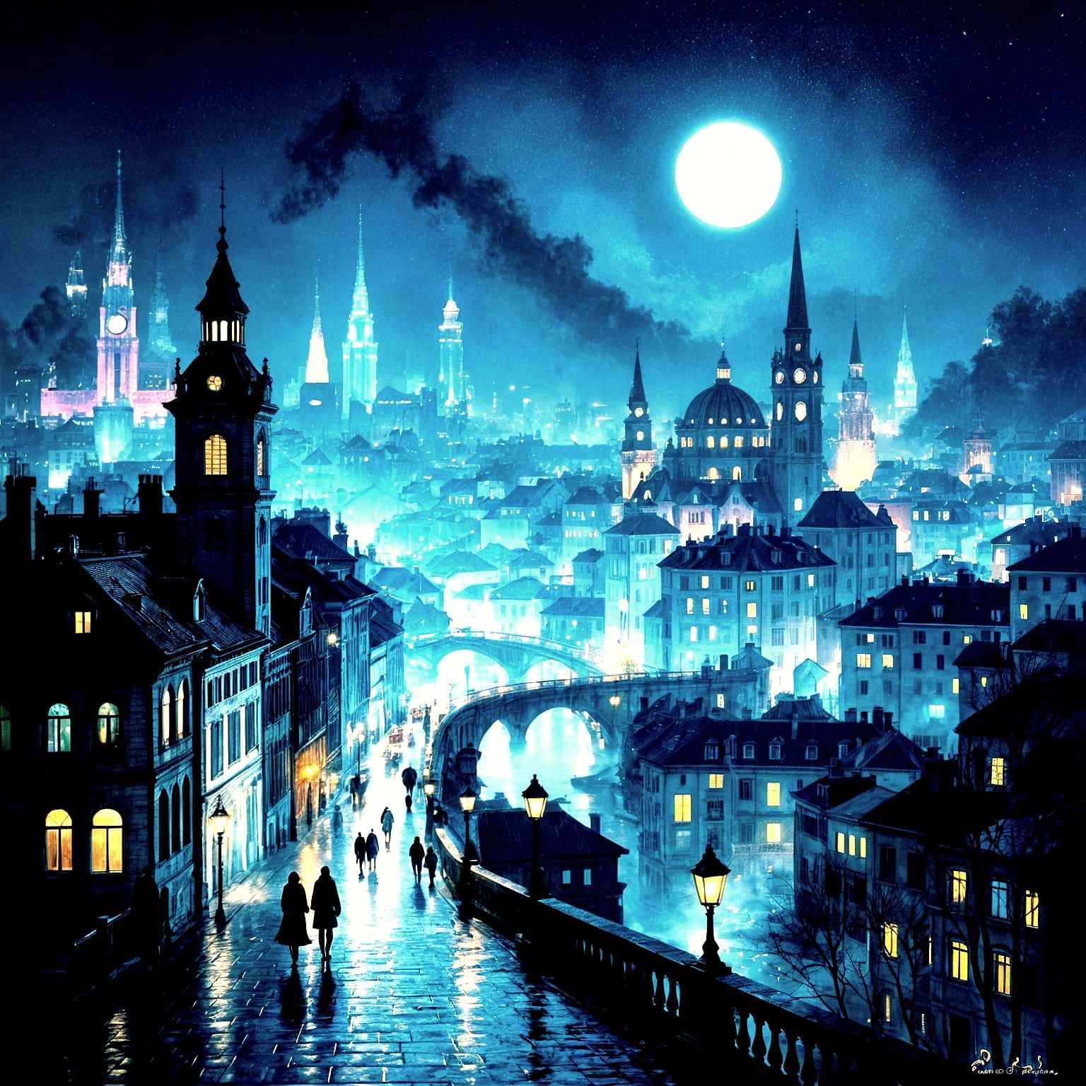 Ethereal Cityscape at Night in Art Nouveau Style