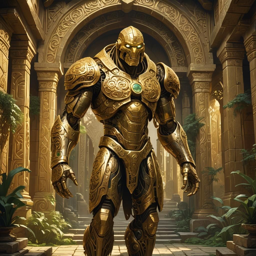 Golden Golem in Mystical Temple Concept Art