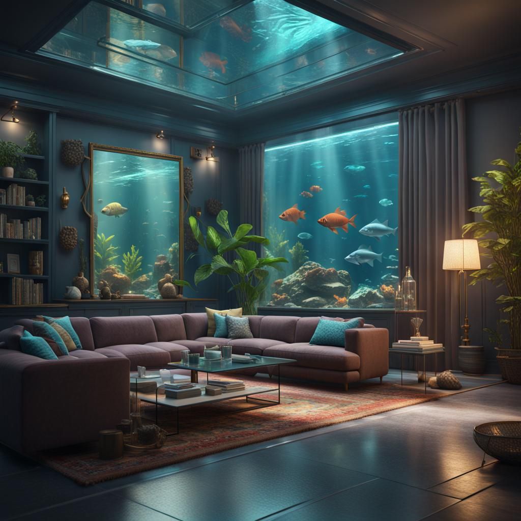 Aquarium House: Modern Living Room Concept Art