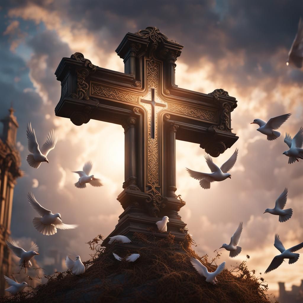 Photorealistic Cross with Doves and Divine Light