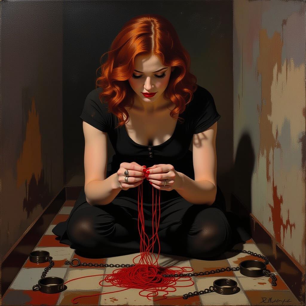 Auburn Woman Clutches Crimson Thread in Neo-Expressionist St...