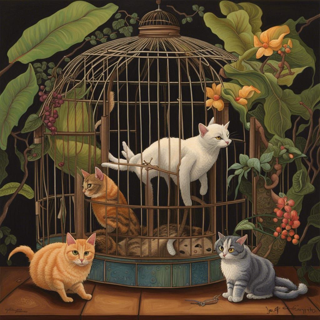 Cats Hunting Bird in Cage, Cartoon Hawaiian Style