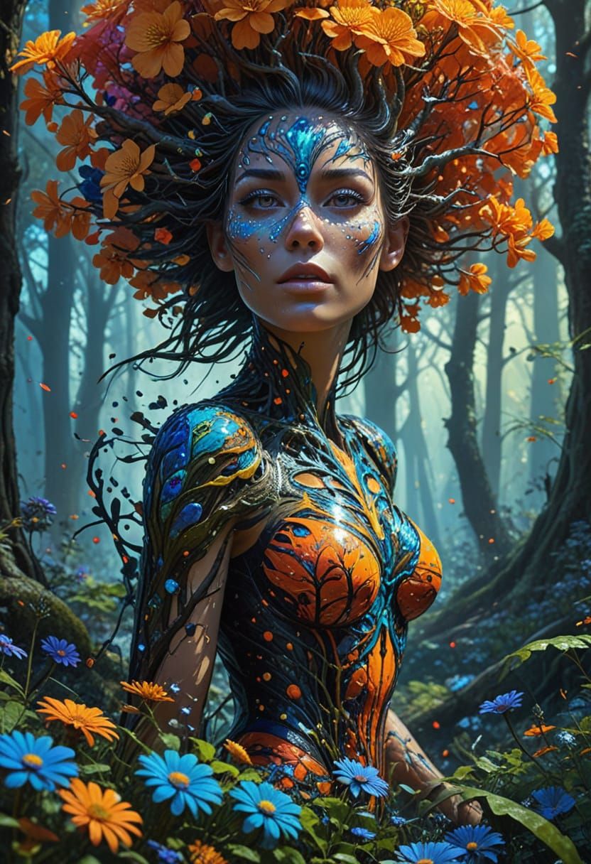 Surreal Tree Woman Portrait in Vibrant Oil Painting Style