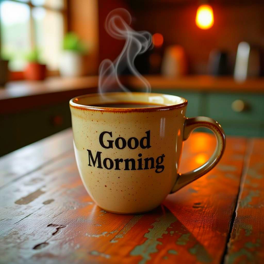Rustic Coffee Mug with 'Good Morning' Realistic Photo
