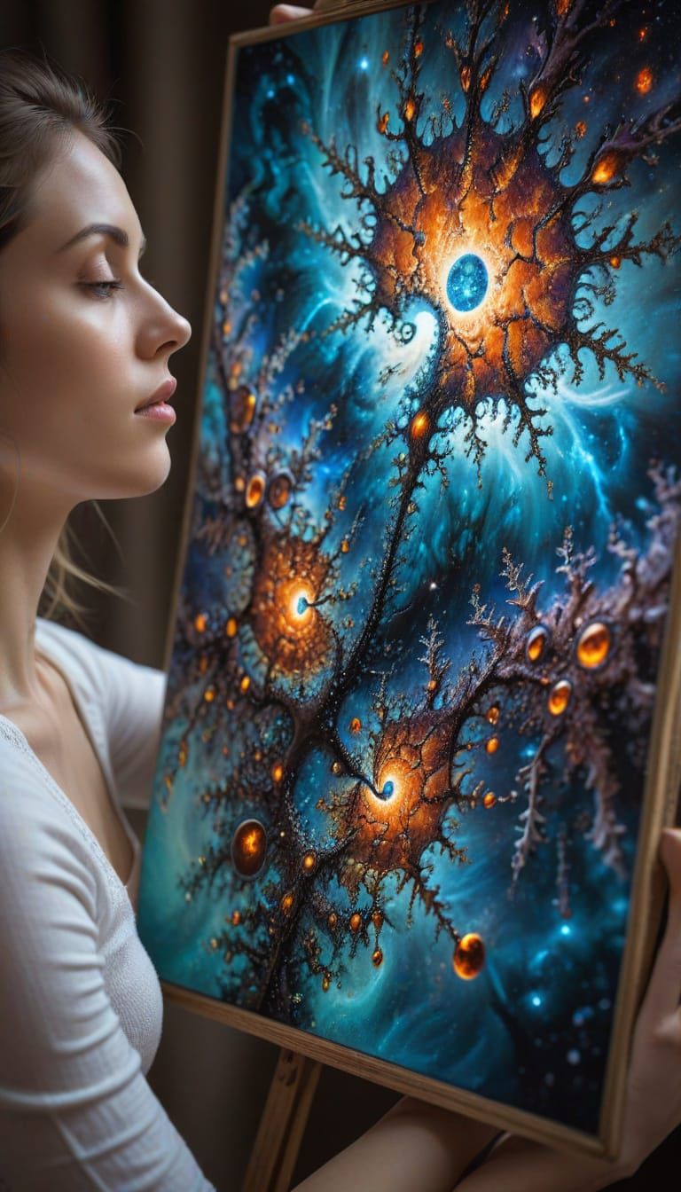 Woman Holding Fractal Universe Painting