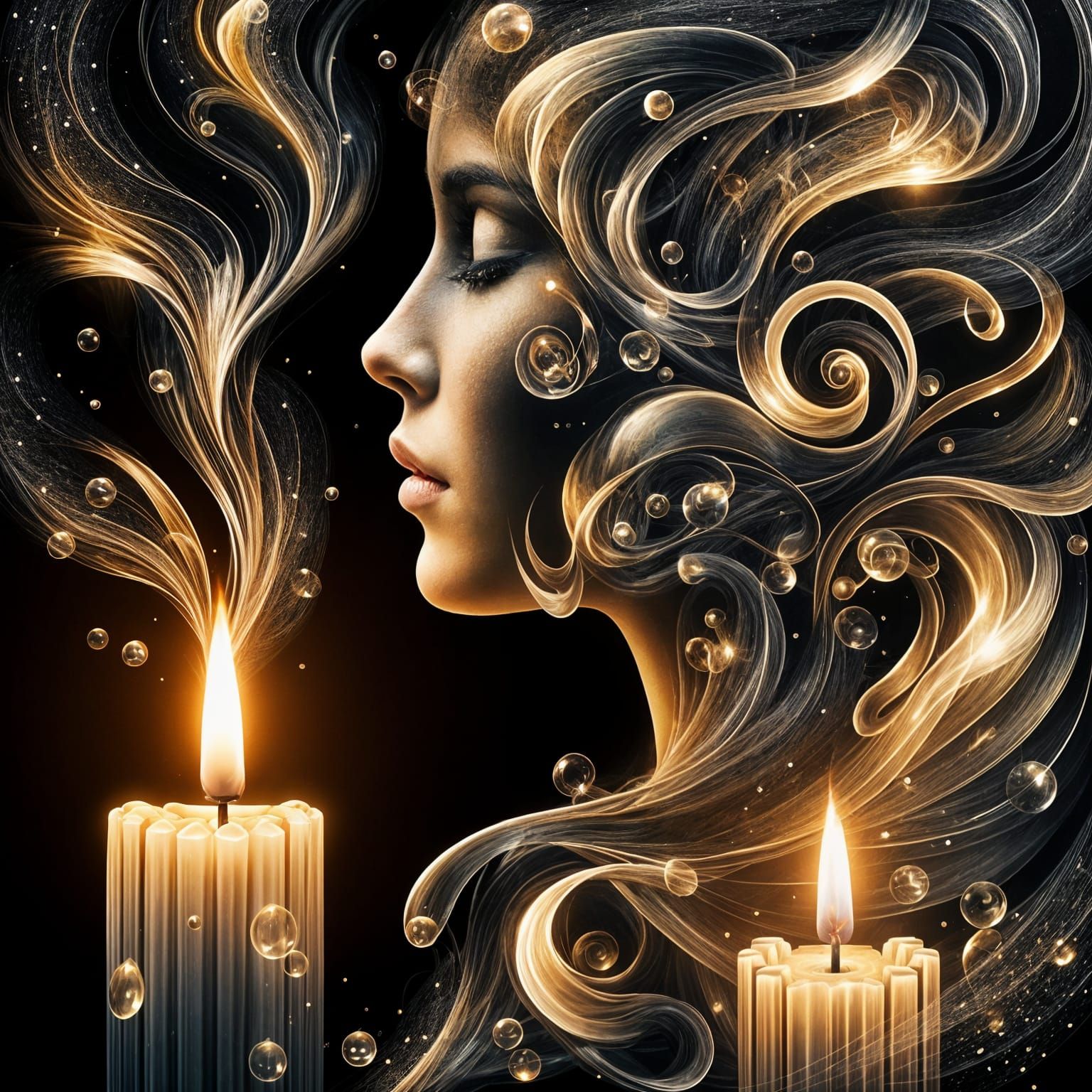 Ethereal Smoke and Flame, Woman in Dreamy Enchantment