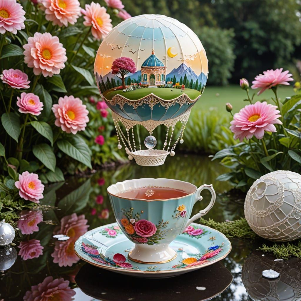 Ethereal Hot Air Balloon in a Floral Wonderland