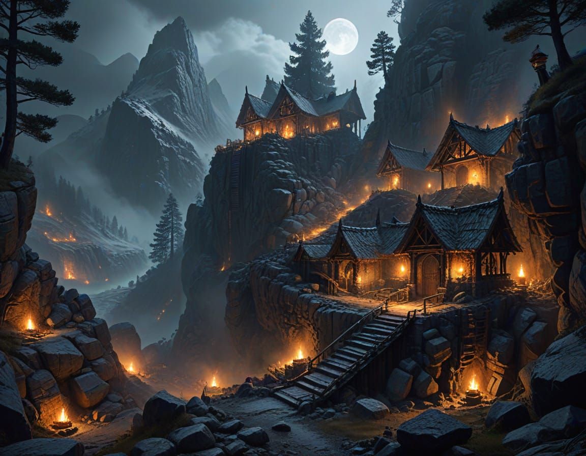 Epic Fantasy Dwarven Mining Settlement Amidst Alpine Valley
