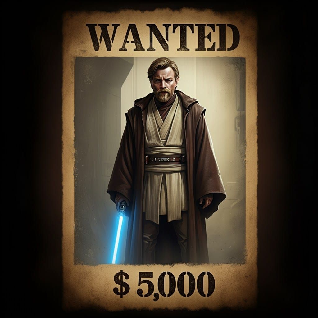 Obi-Wan Kenobi Wanted Poster in Gritty Style