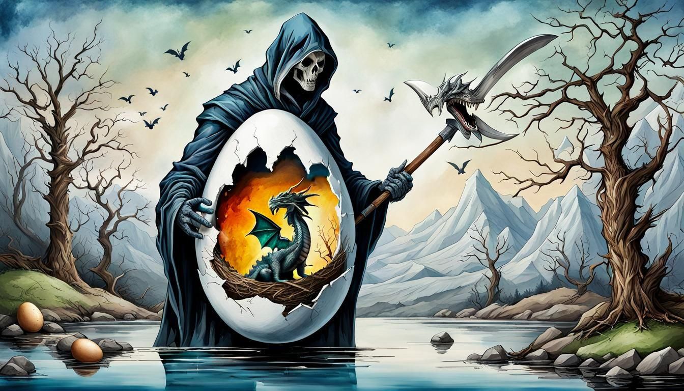 Chibi Dragon in Egg: Watercolor and Ink