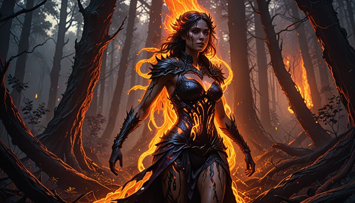 Sultry Lava Goddess Walks Through Dark Fantasy Forest
