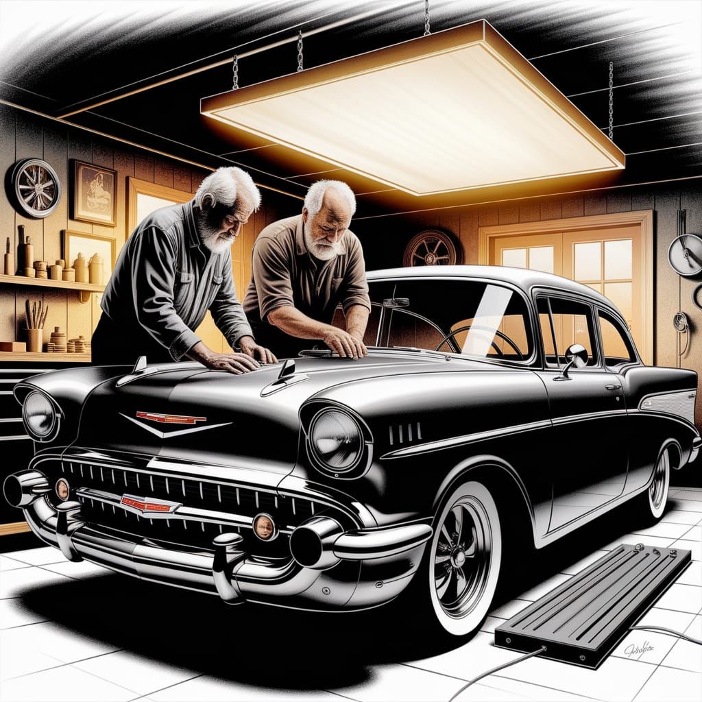 Elderly Men Repairing 1957 Chevy: Charcoal Drawing