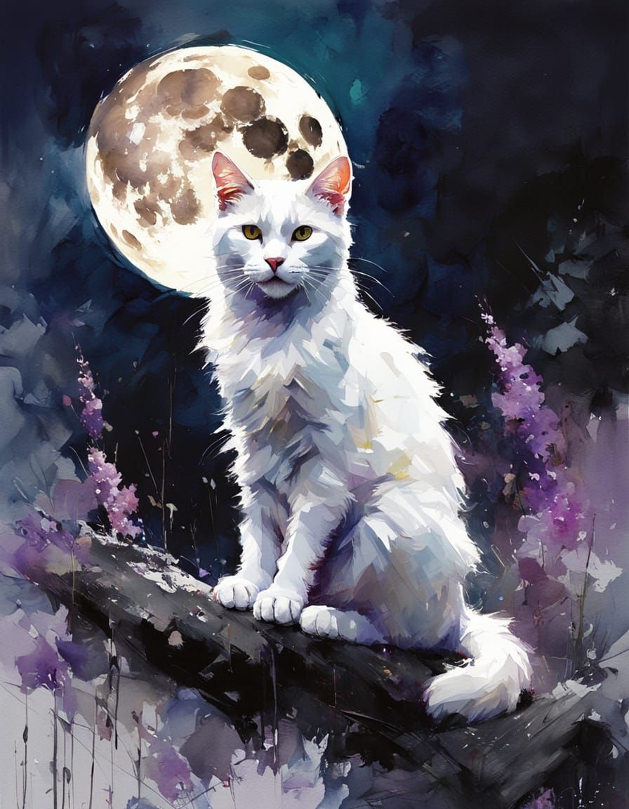 Dreamy Watercolor of White Cat Under Full Moon