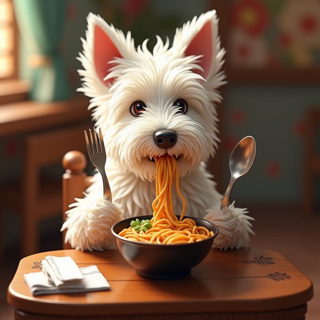Westie's Whimsical Ramen Feast as Concept Art