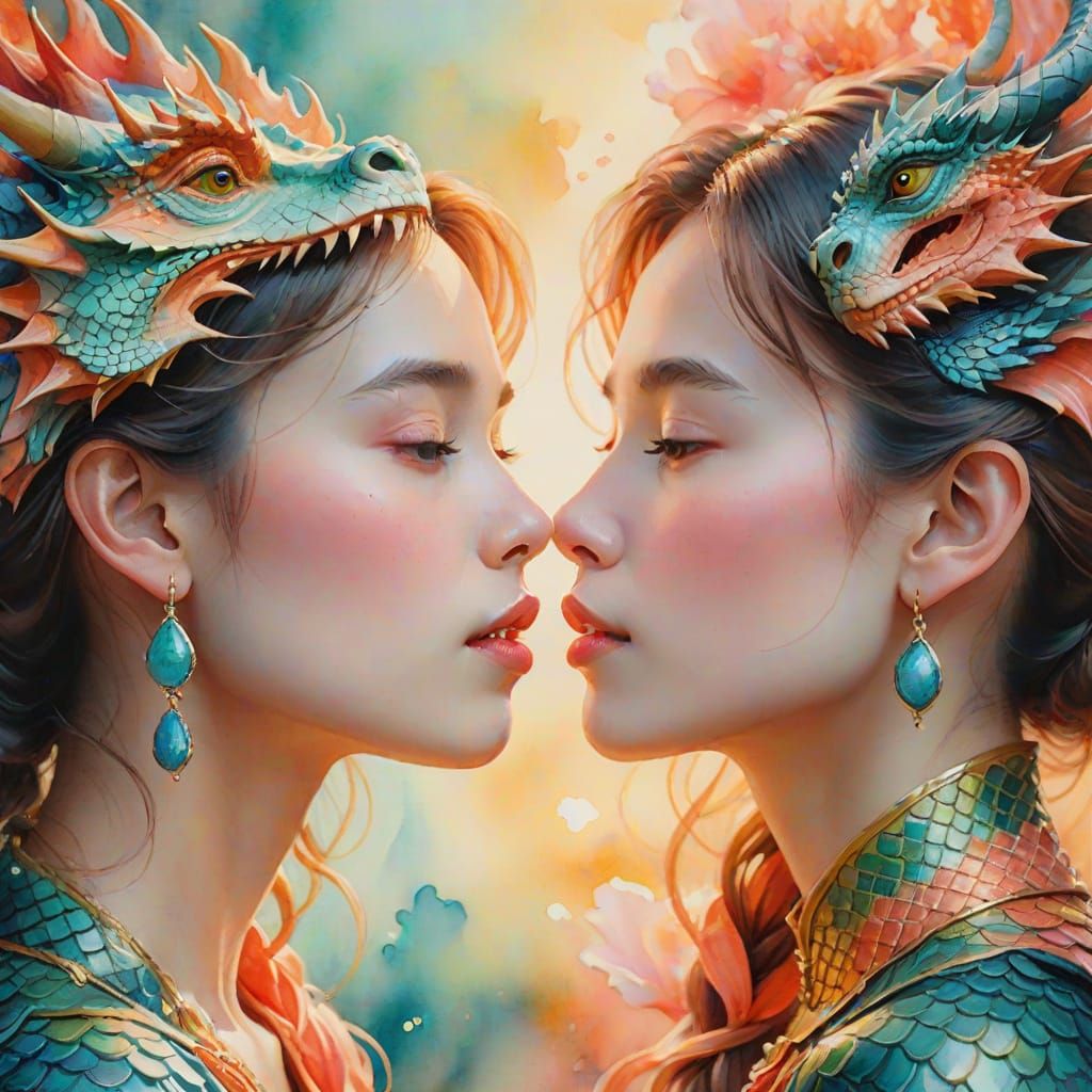 Whispers of Monet: Two Women Share a Kiss with a Dragon