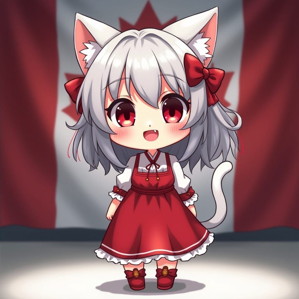 Adorable Anime Catgirl Stands Proud Under the Canadian Flag