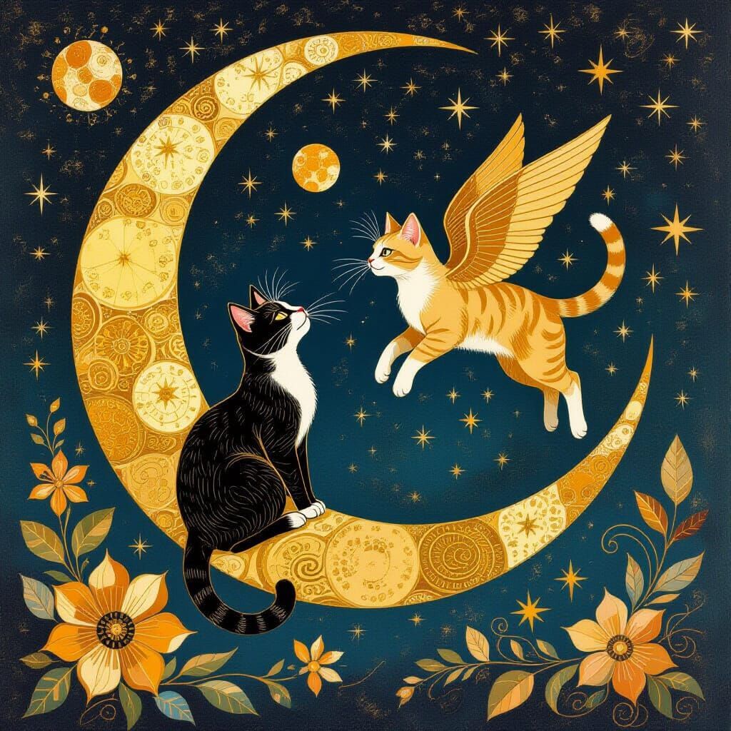 Cats Flying to the Moon Amidst Cosmic Gold and Bronze Flower...
