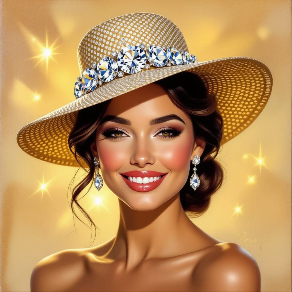 Glamorous Woman Poses in Diamond Hat Oil Painting