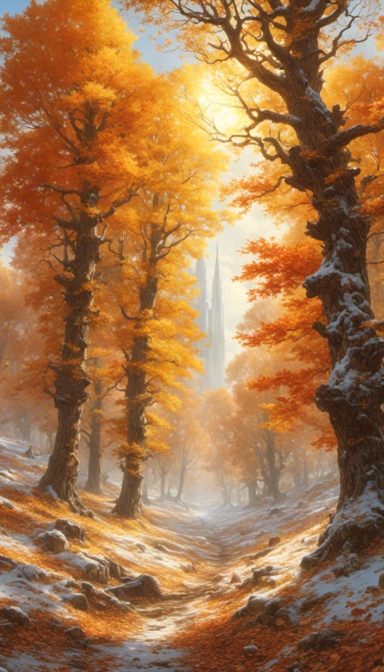 Snowy Oak Forest Bathed in Sunlight