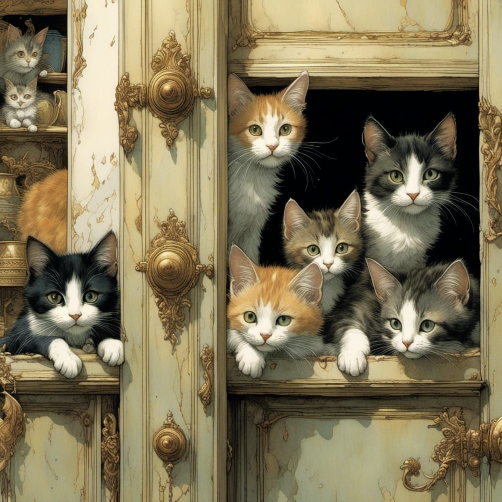 Cats in Cupboard: Detailed Fantasy Illustration