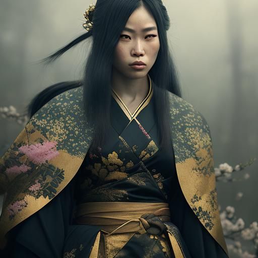 Warrior Girl in Black Gold Kimono: Digital Art