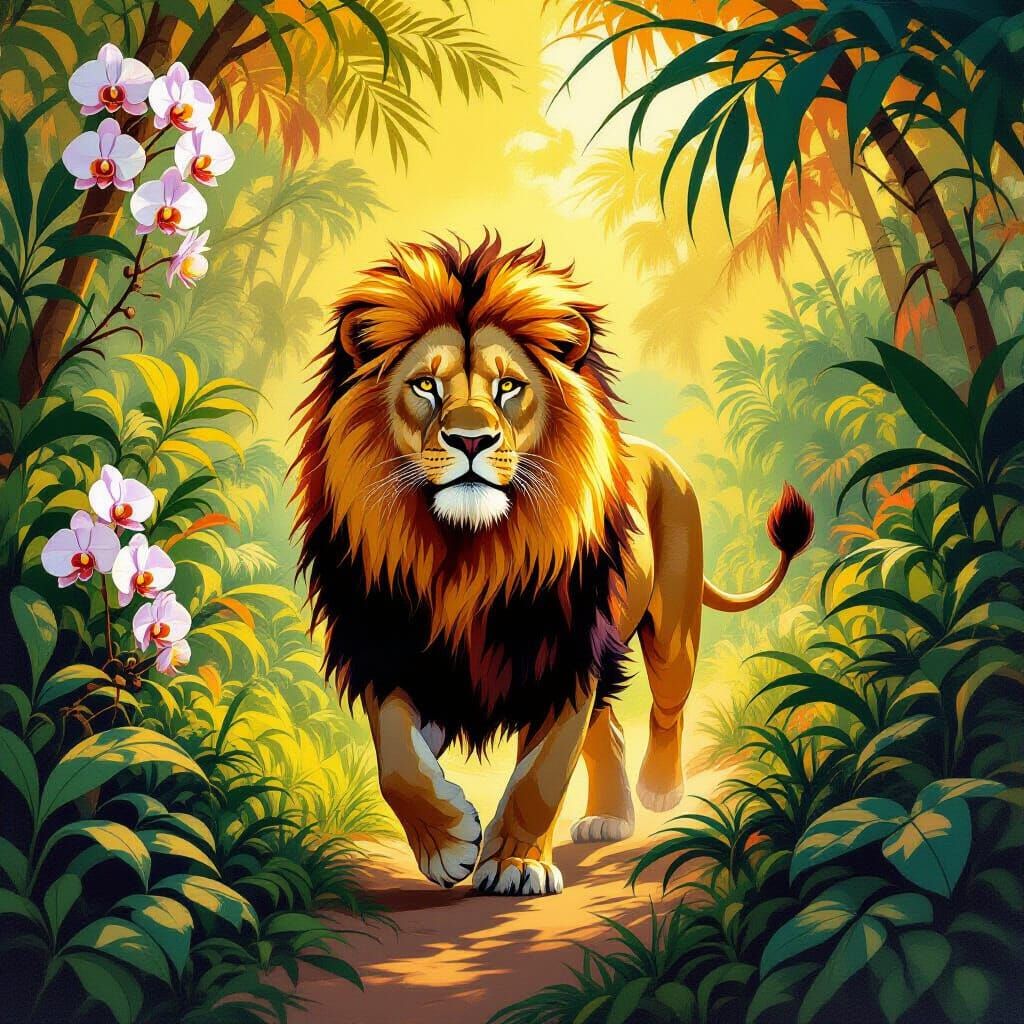 Majestic Lion in Jungle, Vintage Travel Poster Art