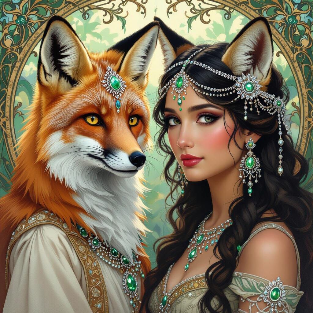 Fox and Woman in Art Nouveau Style